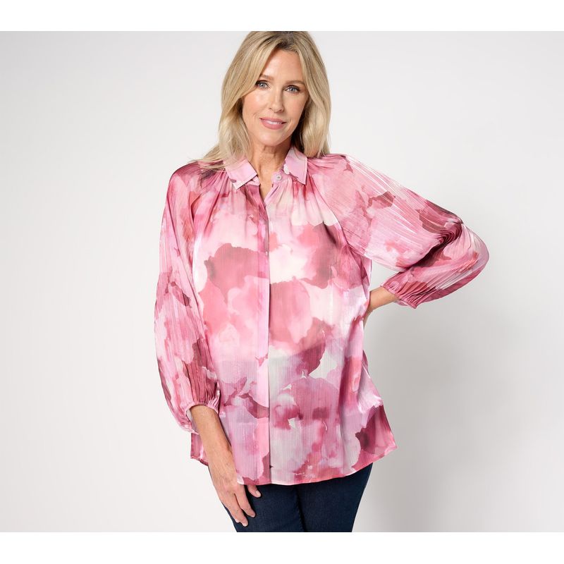 Susan Graver Women's Top Sz Xl Occasions Printed Sheer Woven Tunic Pink A674854